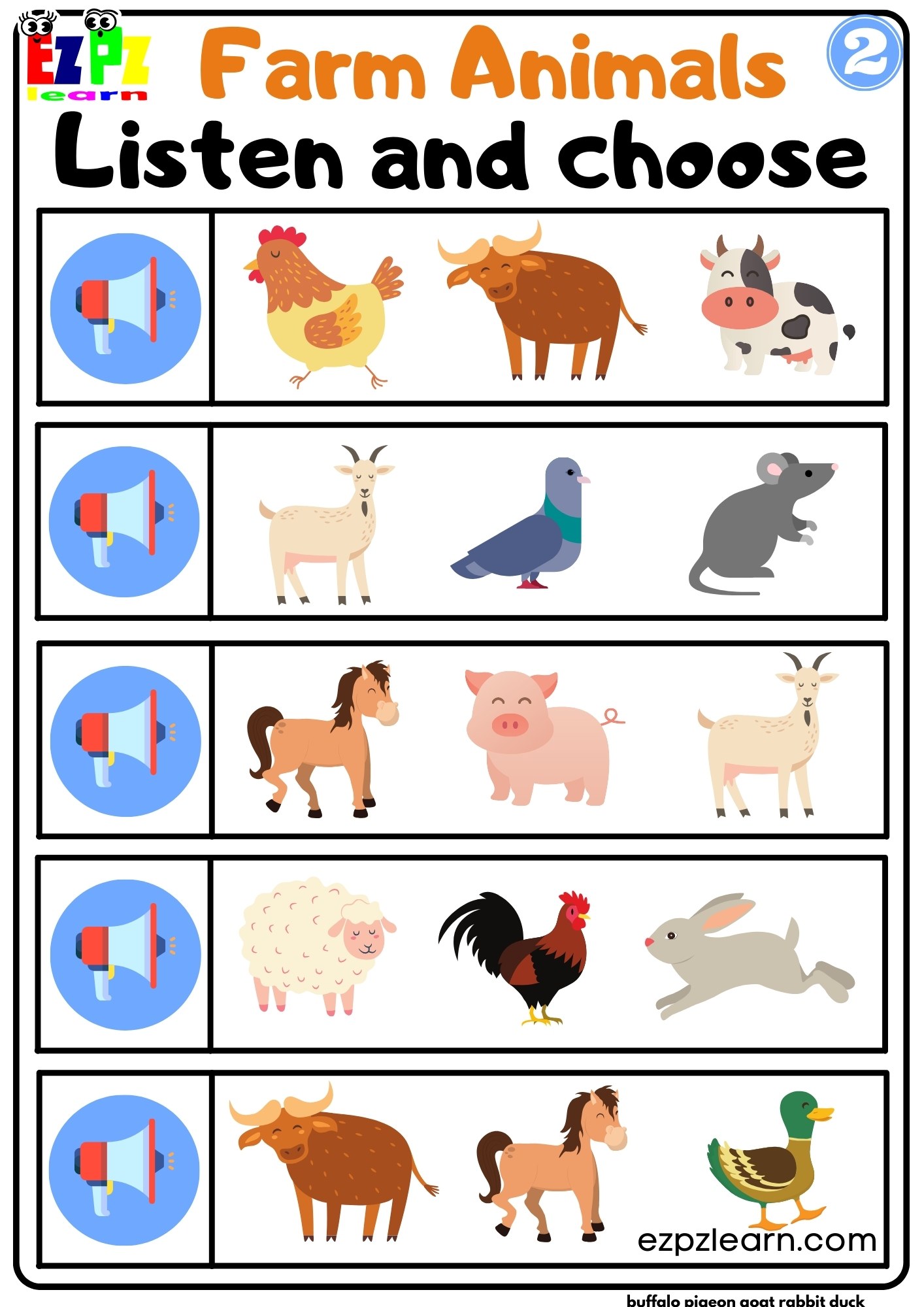 Interactive Worksheet for Farm Animals Listen and Choose Worksheet for
